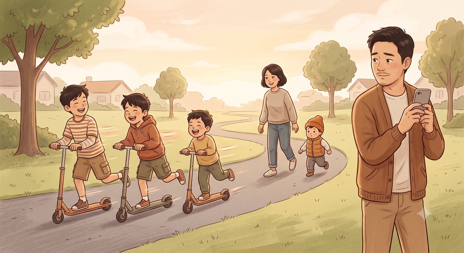 Capturing family memories — a dad watching his four boys and wife on a morning walk, phone in hand instead of a camera