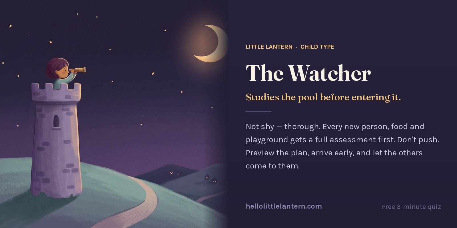 The Watcher child type — studies the pool before entering it. Not shy, thorough. Illustration of a child looking through a telescope from a stone tower.